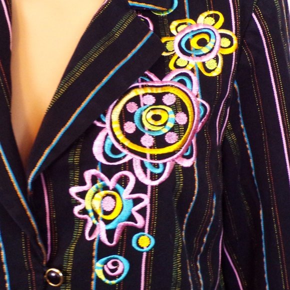 BOB MACKIE WEARABLE ART size M blazer black + multicolor stripes & embroidery - Picture 12 of 16